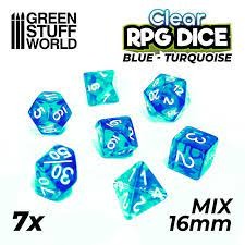 7x Mix 16mm Dice - Clear Blue/Turquoise Green Stuff World